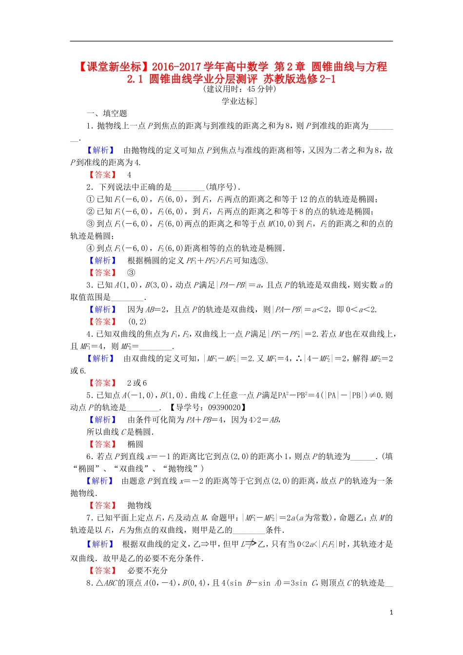 高中数学 第2章 圆锥曲线与方程 2.1 圆锥曲线学业分层测评 苏教版选修2-1-苏教版高二选修2-1数学试题_第1页