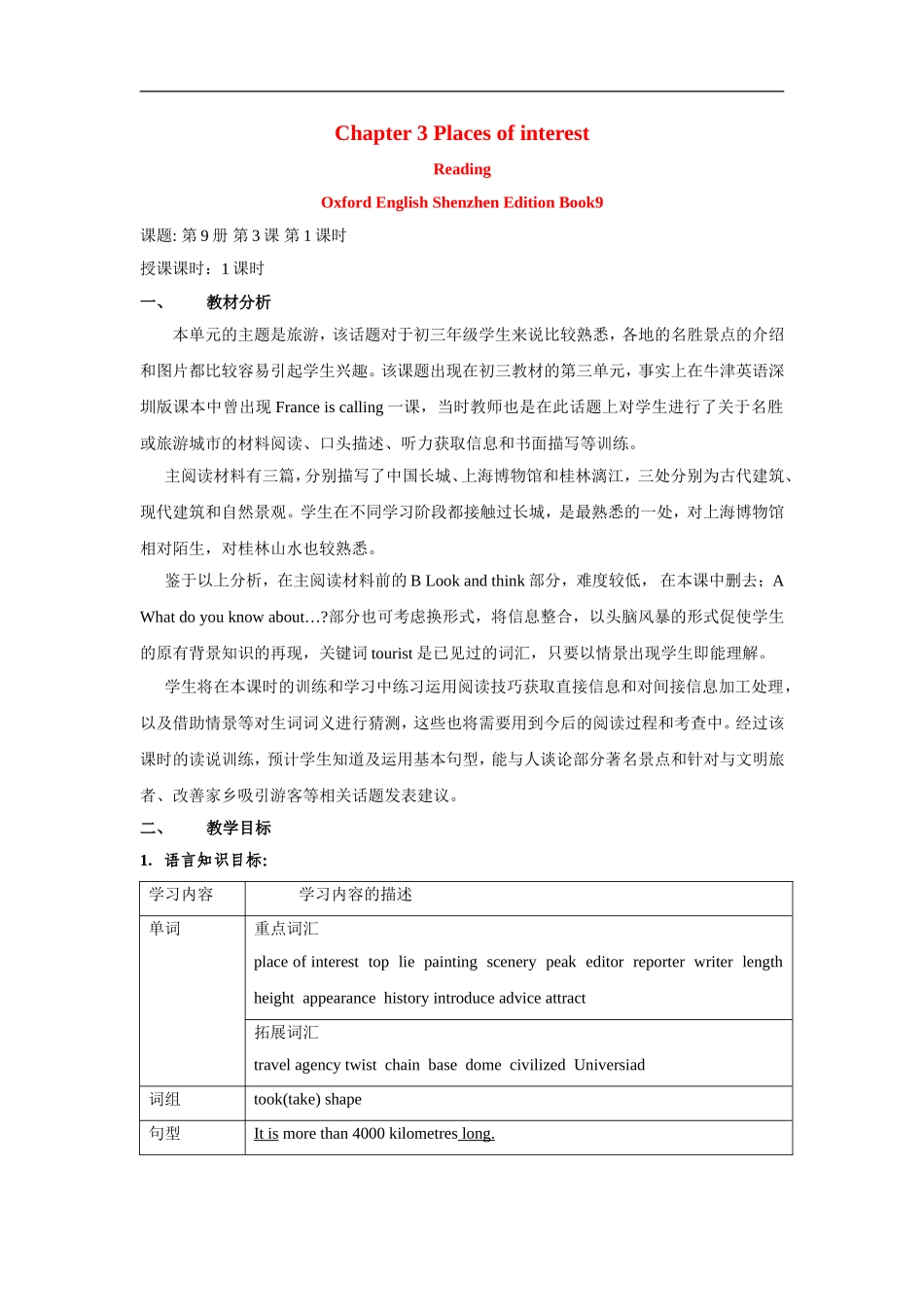 九年级英语：Chapter-3-Places-of-interest-Reading教案深圳牛津版_第1页