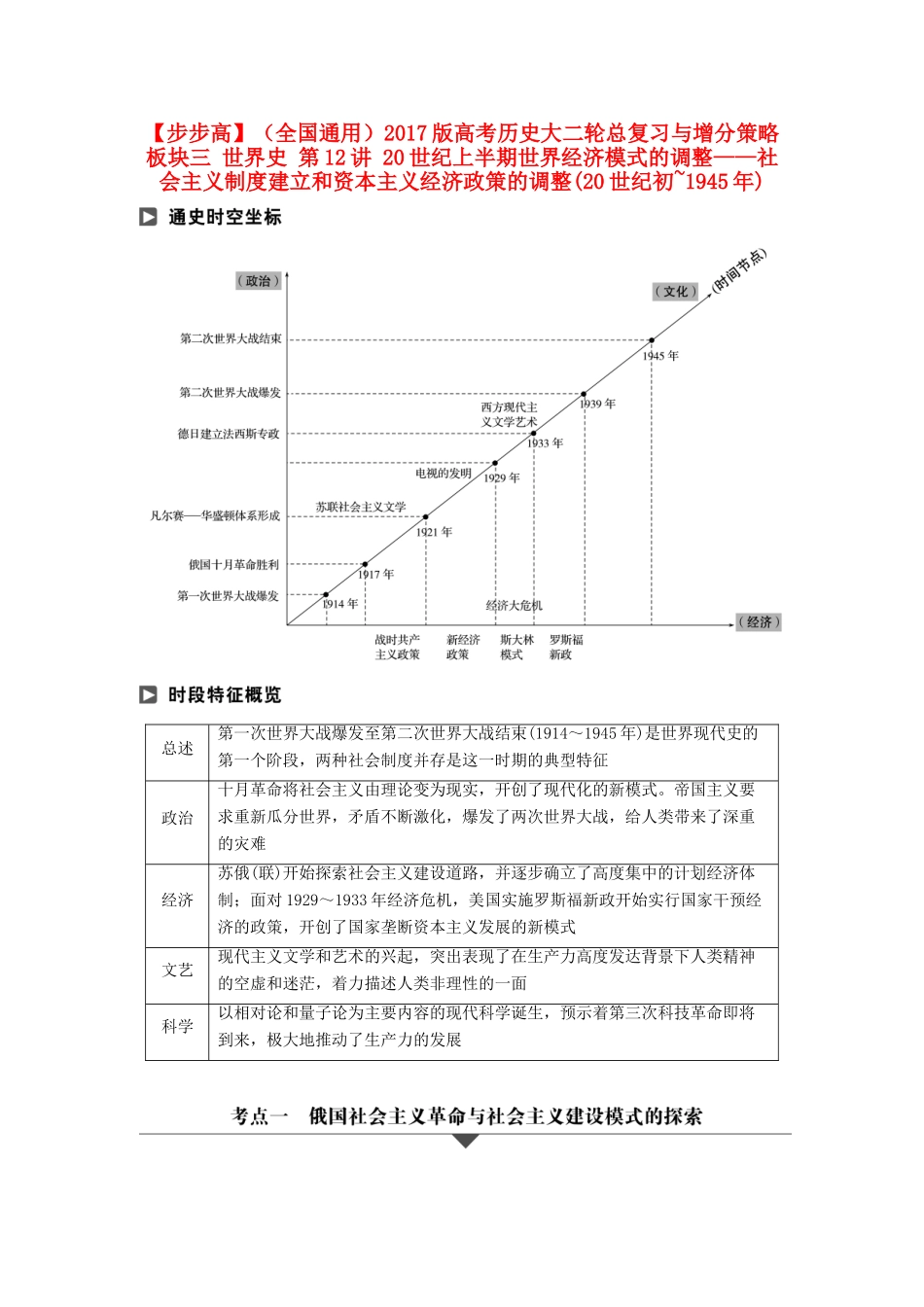 （全国通用）高考历史大二轮总复习与增分策略 板块三 世界史 第12讲 20世纪上半期世界经济模式的调整——社会主义制度建立和资本主义经济政策的调整(20世纪初~)-人教版高三全册历史试题_第1页
