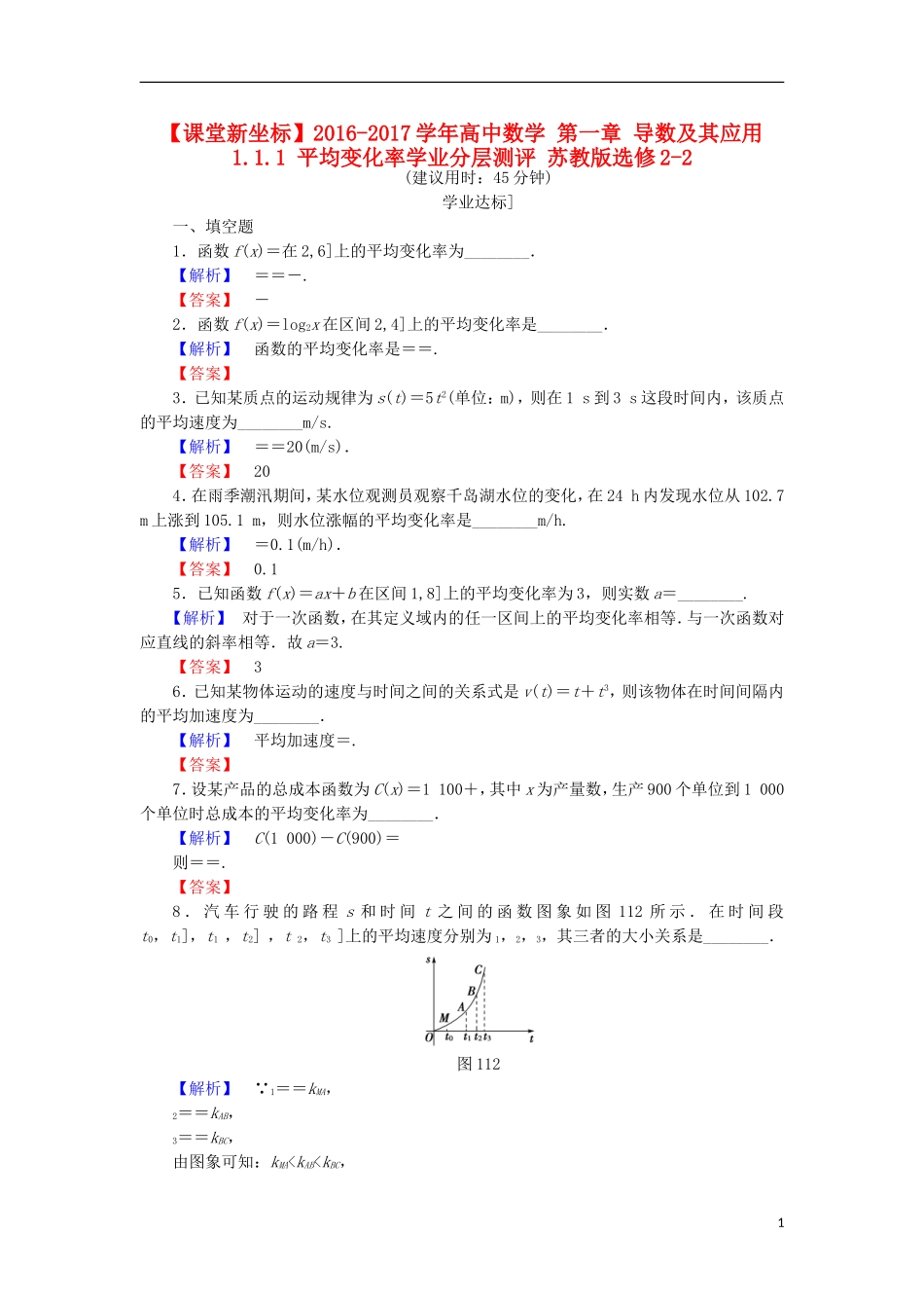 高中数学 第一章 导数及其应用 1.1.1 平均变化率学业分层测评 苏教版选修2-2-苏教版高二选修2-2数学试题_第1页