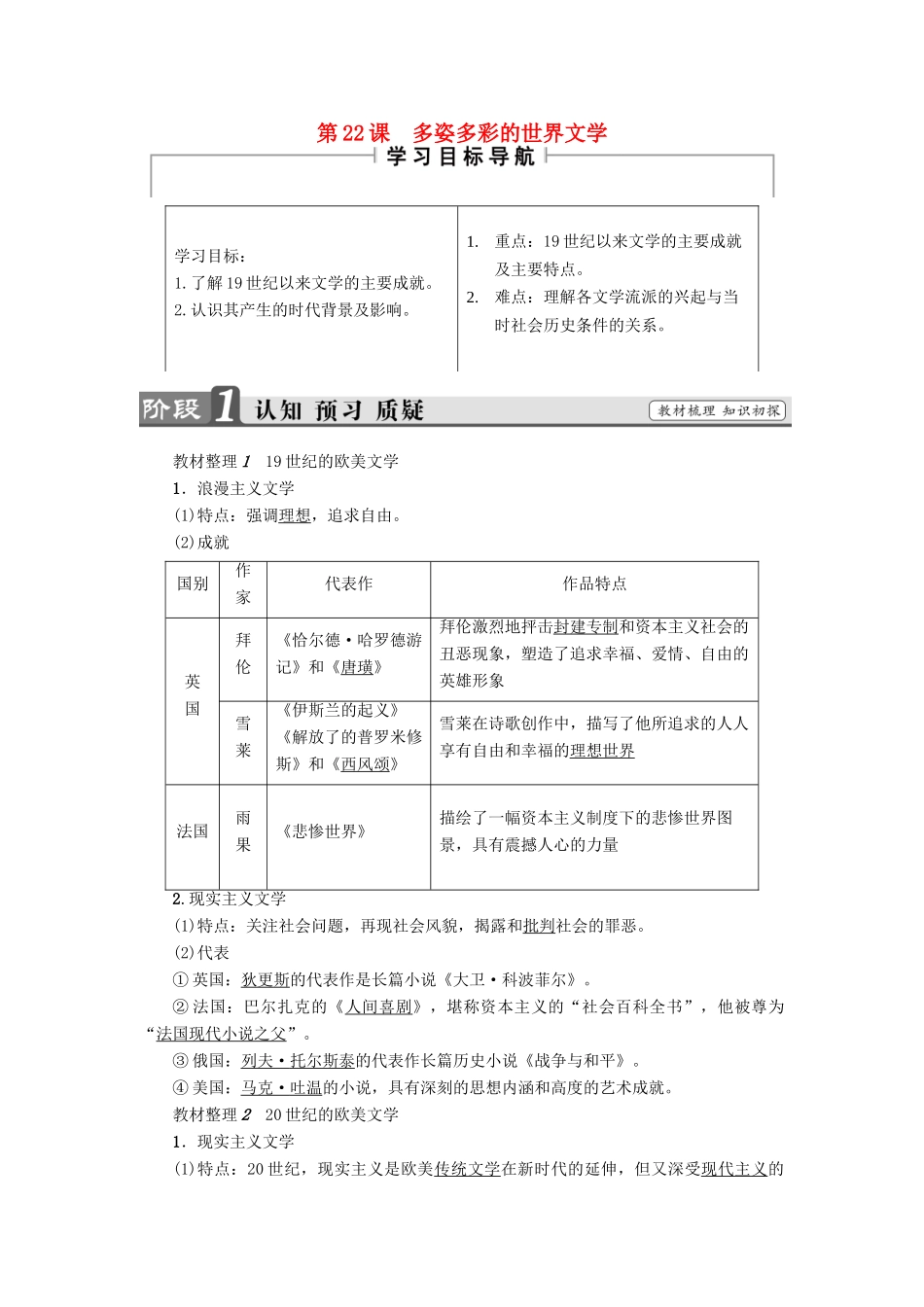 高中历史 第8单元 19世纪以来的世界文学艺术 第22课 多姿多态的世界文化教师用书 北师大版必修3-北师大版高一必修3历史试题_第1页