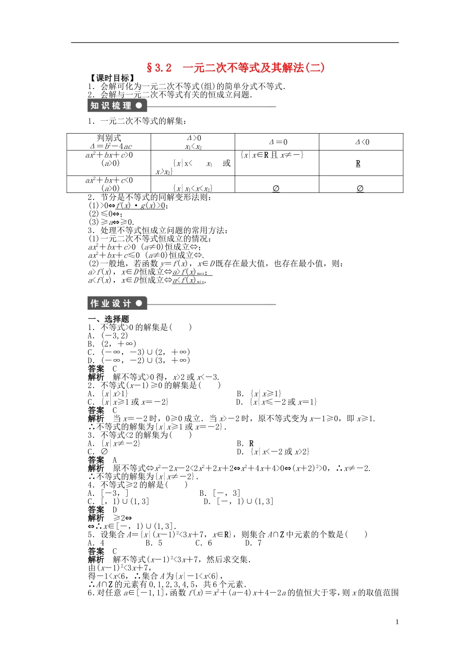 高中数学 第三章 3.2一元二次不等式及其解法（二）课时作业 新人教A版必修5-新人教A版高二必修5数学试题_第1页