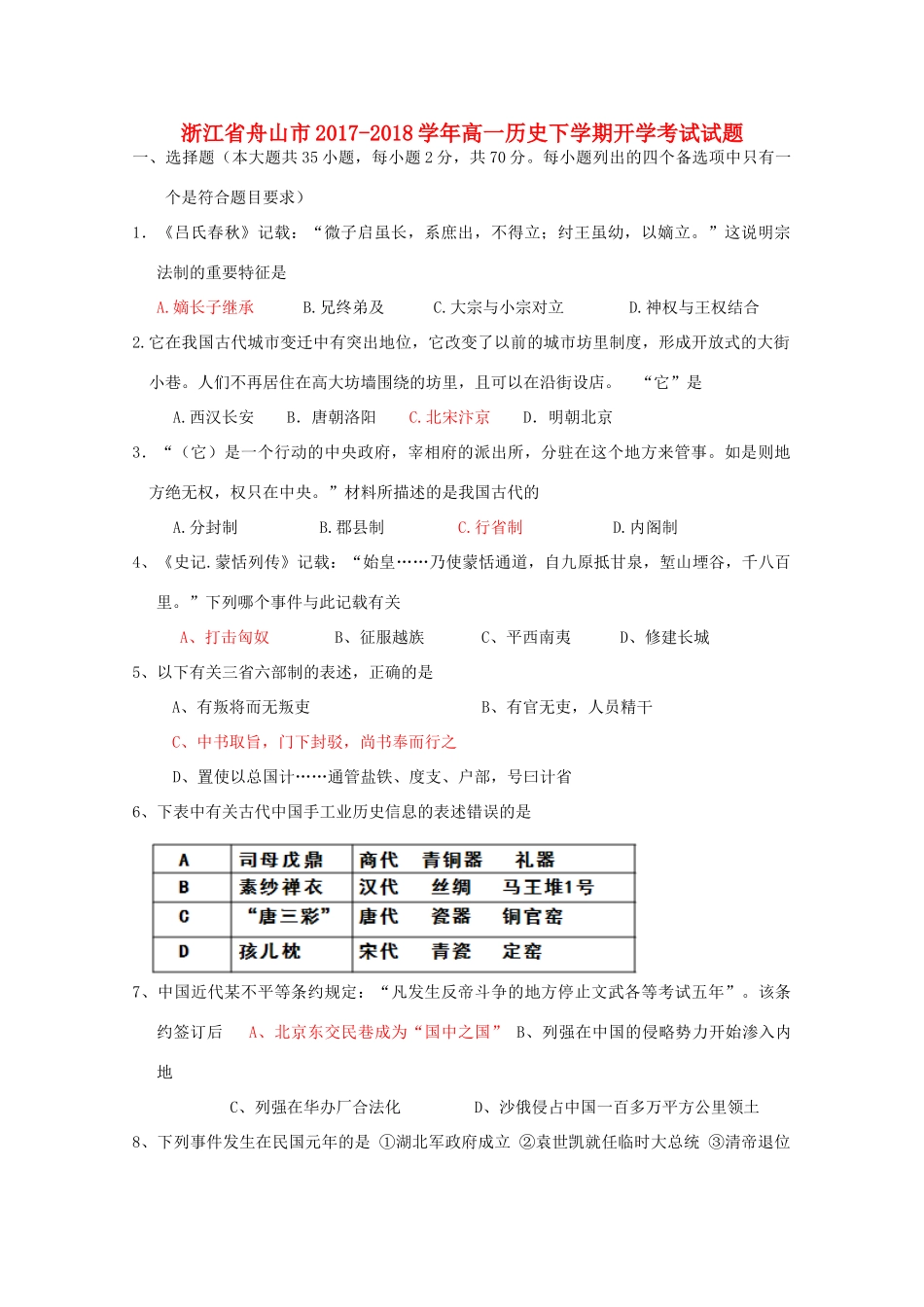 浙江省舟山市高一历史下学期开学考试试题-人教版高一全册历史试题_第1页