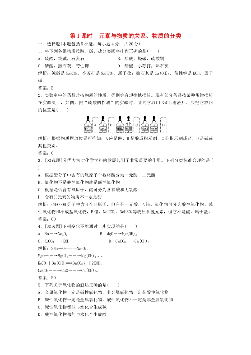 高中化学 第二章 第1节 第1课时 元素与物质的关系、物质的分类课时作业 鲁科版必修1-鲁科版高一必修1化学试题_第1页