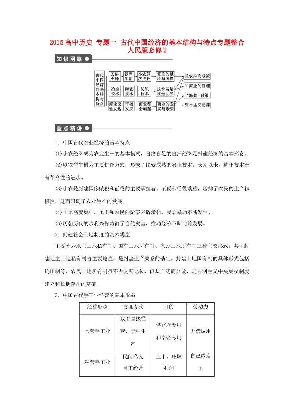 高中历史 专题一 古代中国经济的基本结构与特点专题整合 人民版必修2-人民版高一必修2历史试题_第1页