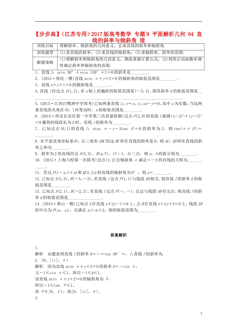 （江苏专用）高考数学 专题9 平面解析几何 64 直线的斜率与倾斜角 理-人教版高三全册数学试题_第1页
