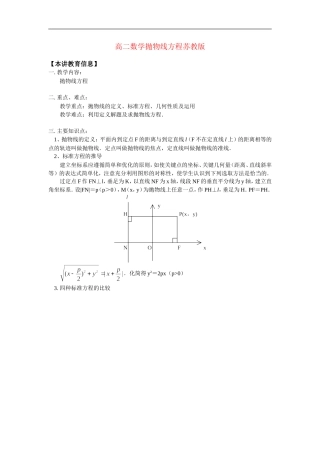 高二数学抛物线方程苏教版知识精讲