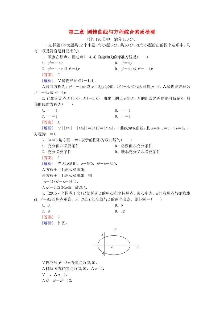 高中数学 第二章 圆锥曲线与方程综合素质检测 新人教A版选修1-1-新人教A版高二选修1-1数学试题_第1页