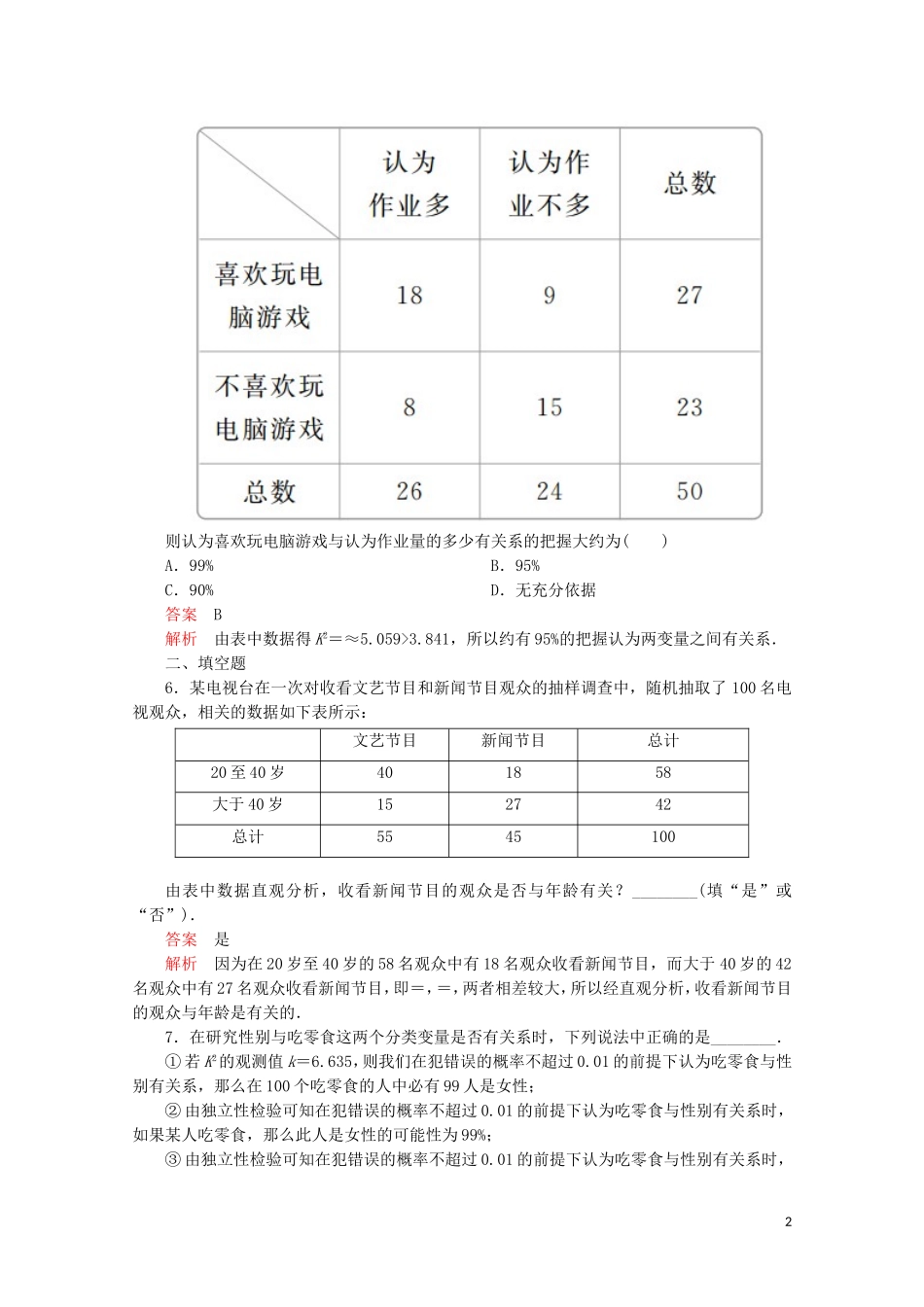 高中数学 第三章 统计案例 3.2 独立性检验的基本思想及其初步应用课后课时精练 新人教A版选修2-3-新人教A版高二选修2-3数学试题_第2页