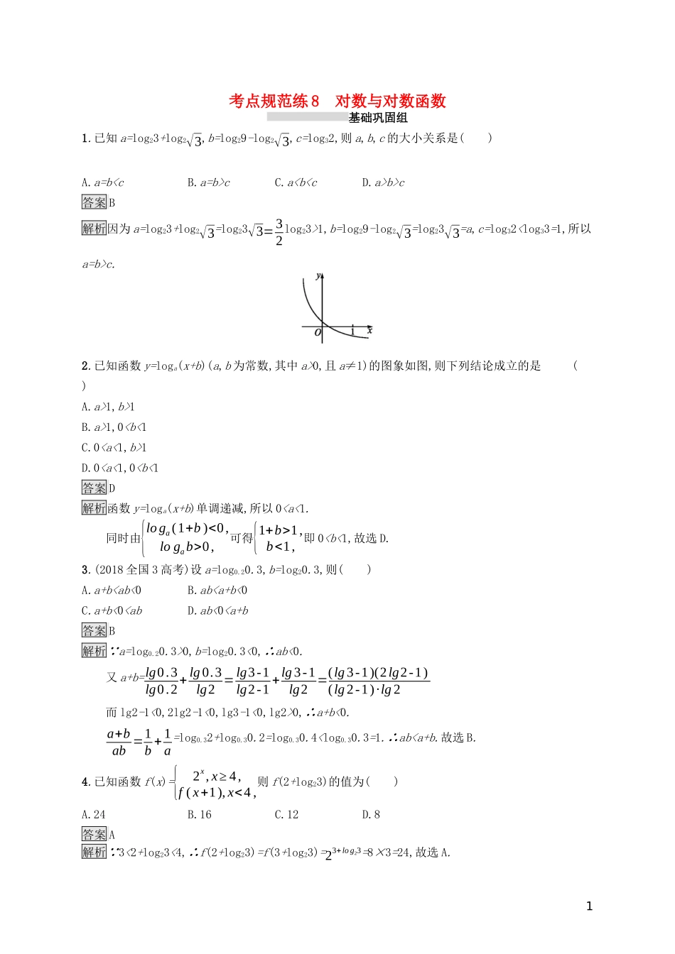 （浙江专用）高考数学大一轮复习 第二章 函数 考点规范练8 对数与对数函数-人教版高三全册数学试题_第1页