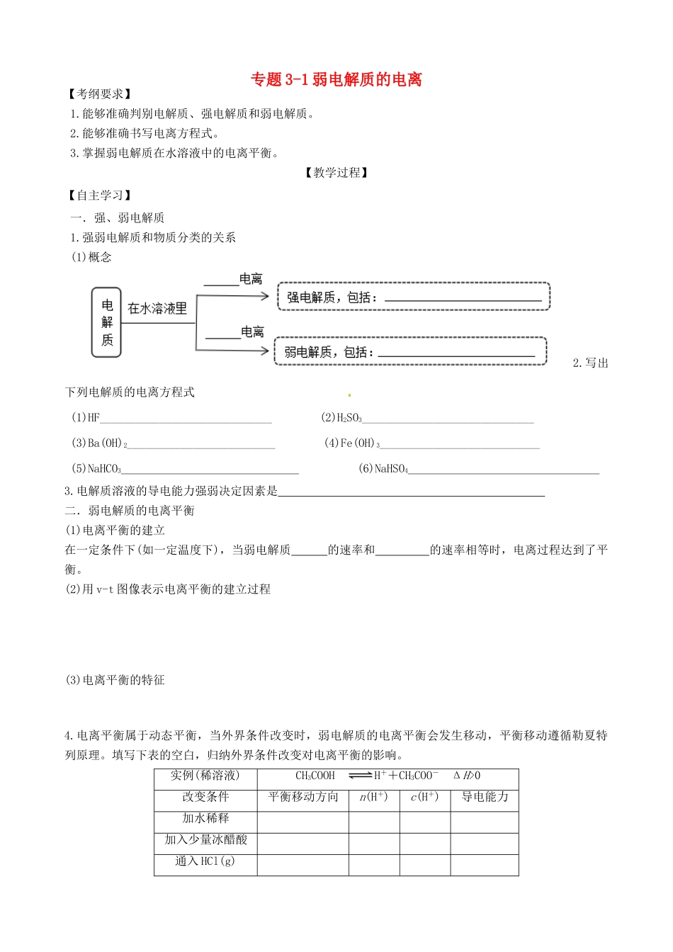 广东省雷州市高三化学一轮复习 水溶液中离子反应 专题3.1-2 弱电解质的电离-人教版高三全册化学试题_第1页