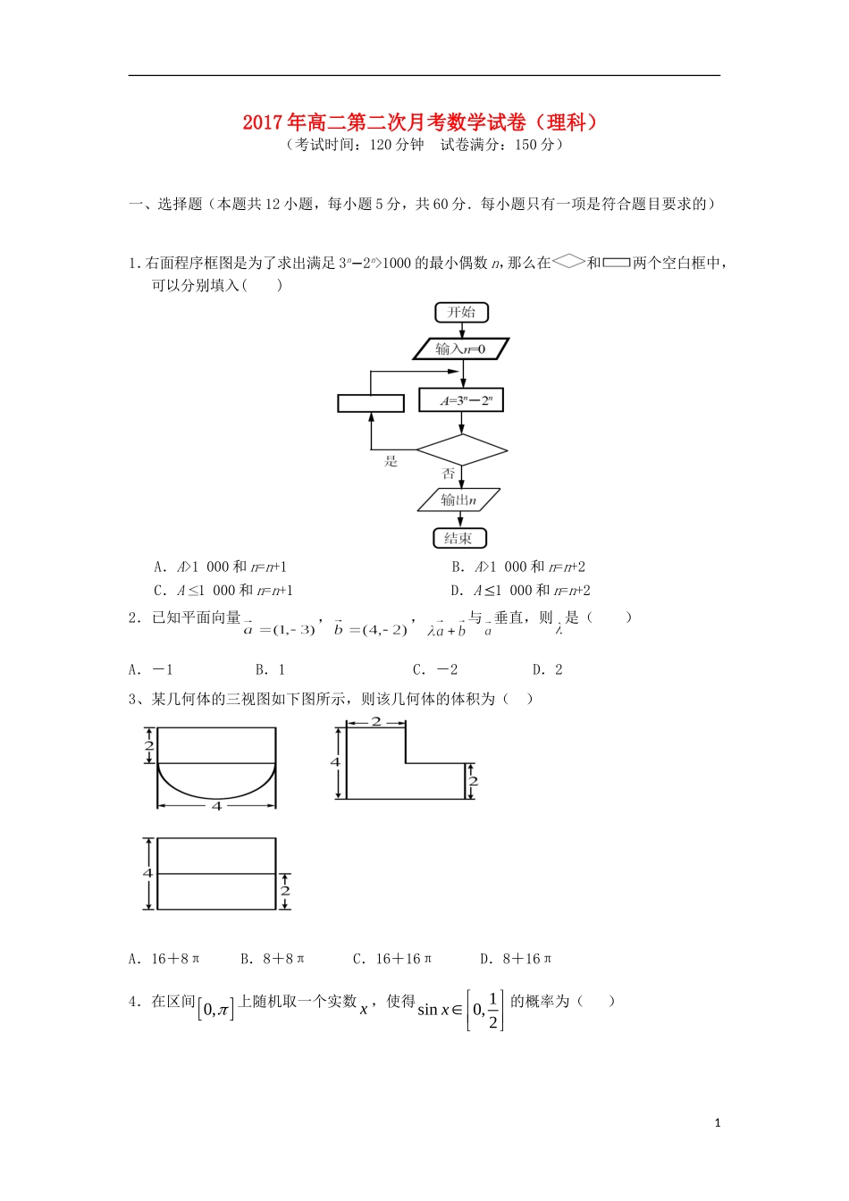 湖南省双峰县高二数学上学期第二次月考试题 理-人教版高二全册数学试题_第1页
