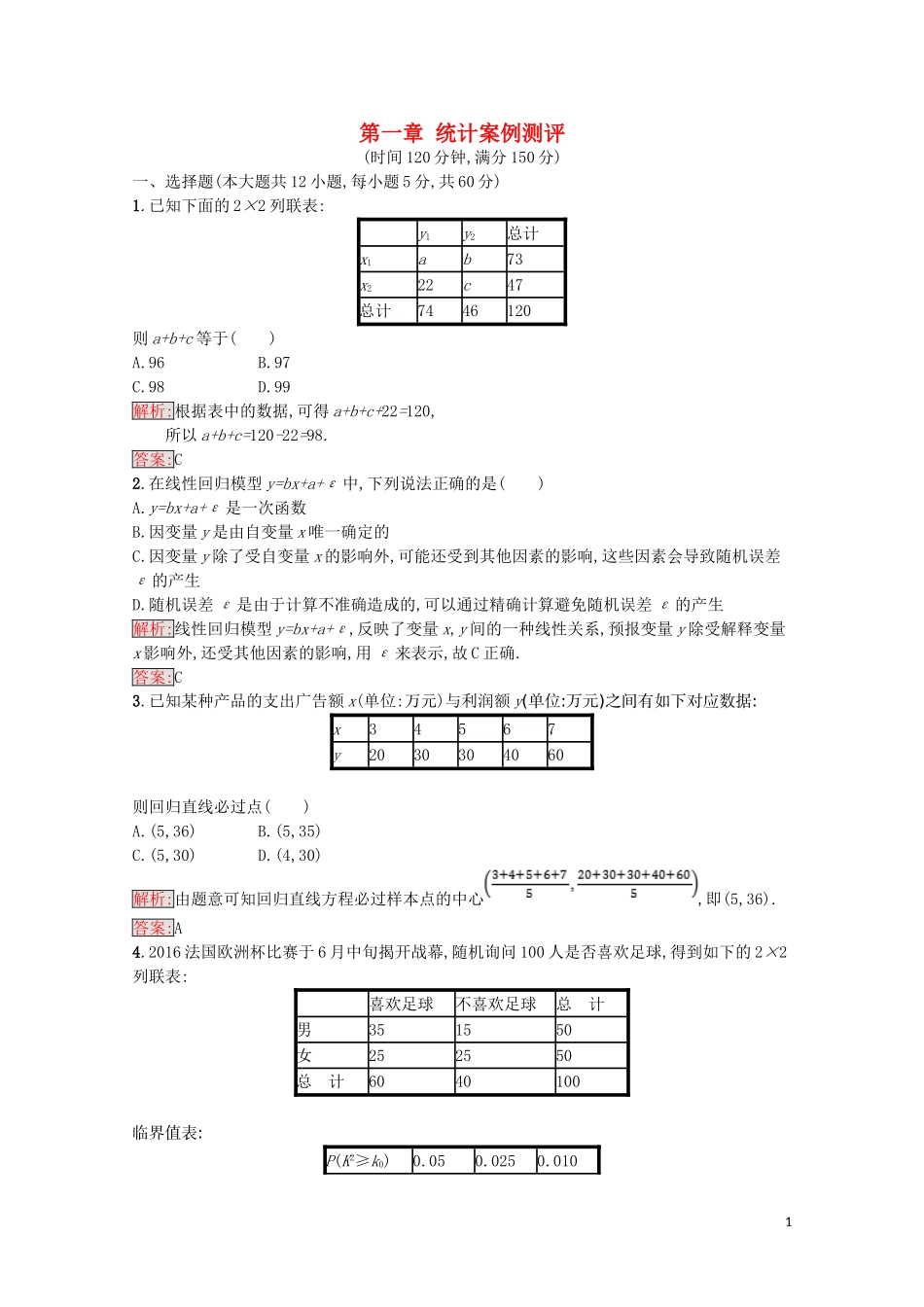 高中数学 第一章 统计案例测评（含解析）新人教A版选修1-2-新人教A版高二选修1-2数学试题_第1页