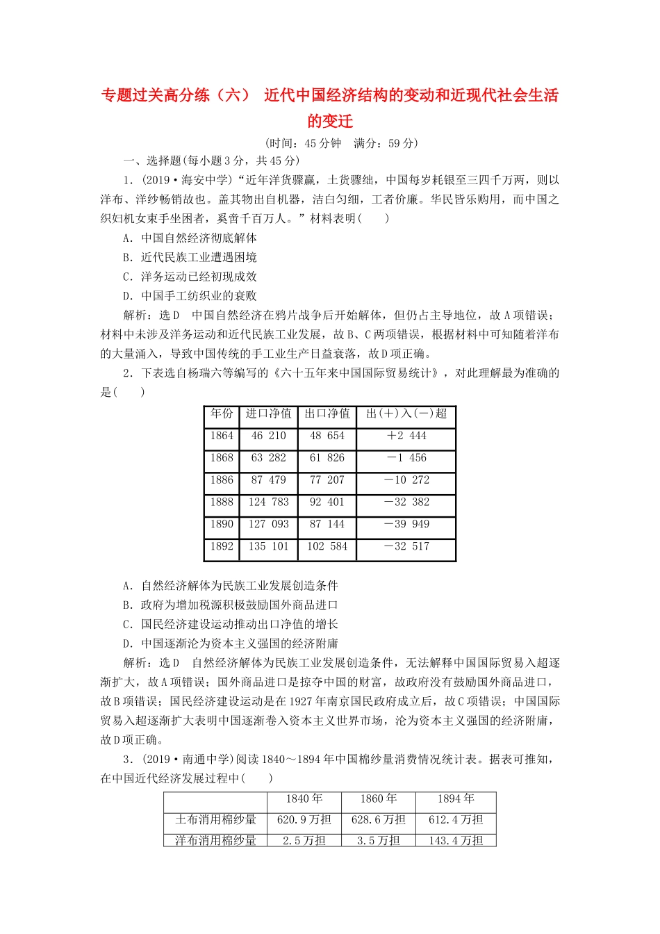 （江苏专版）高考历史二轮复习 专题过关高分练（六）近代中国经济结构的变动和近现代社会生活的变迁-人教版高三全册历史试题_第1页