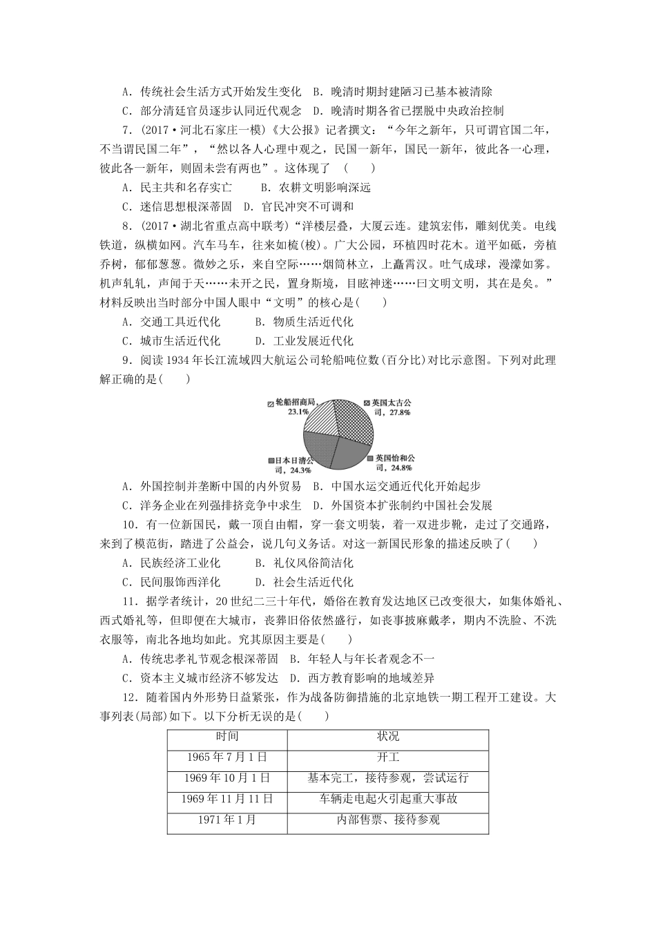 高考历史第一轮总复习全程训练 第八章 近现代中国经济结构的变动与社会生活的变迁 课练22 中国近现代社会生活的变迁 新人教版-新人教版高三全册历史试题_第2页