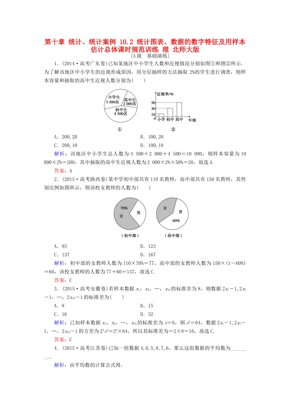 高考数学大一轮复习 第十章 统计、统计案例 10.2 统计图表、数据的数字特征及用样本估计总体课时规范训练 理 北师大版-北师大版高三全册数学试题_第1页