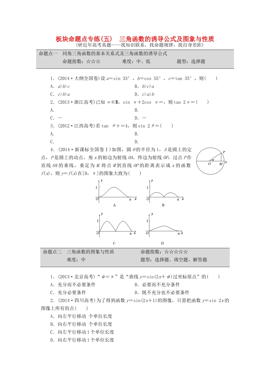 （新课标）高考数学大一轮复习 三角函数的诱导公式及图象与性质板块命题点专练（五）理（含解析）-人教版高三全册数学试题_第1页