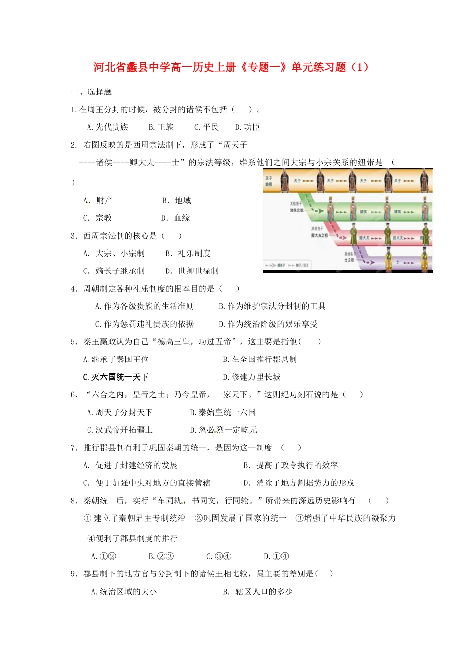 河北省蠡县中学高一历史上册《专题一》单元练习题（1）_第1页