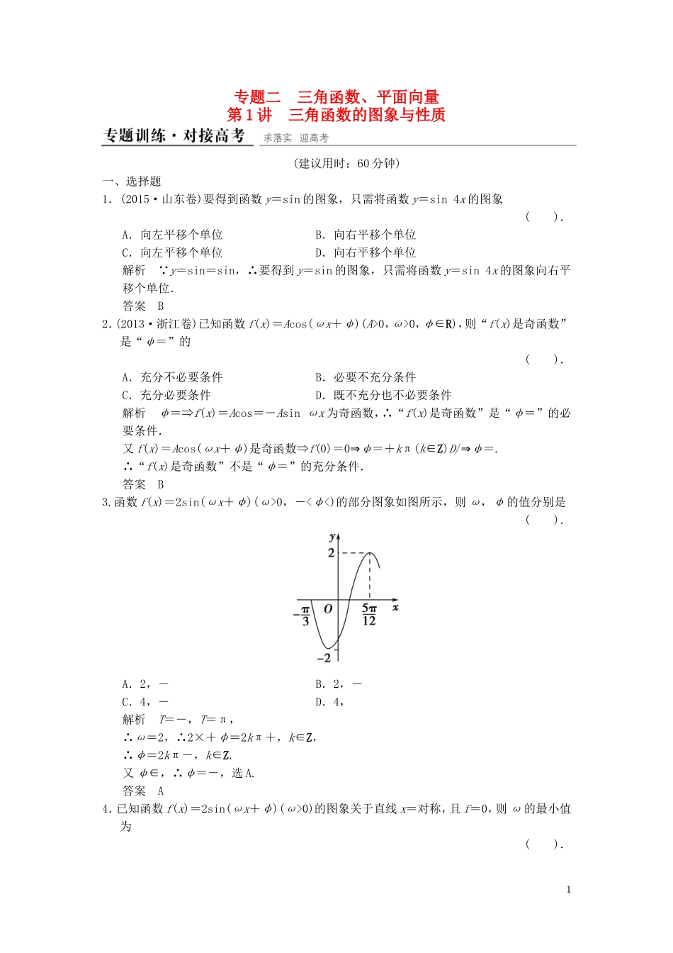 （浙江专用）高考数学二轮复习 专题2.1 三角函数的图象与性质精练 理-人教版高三全册数学试题_第1页