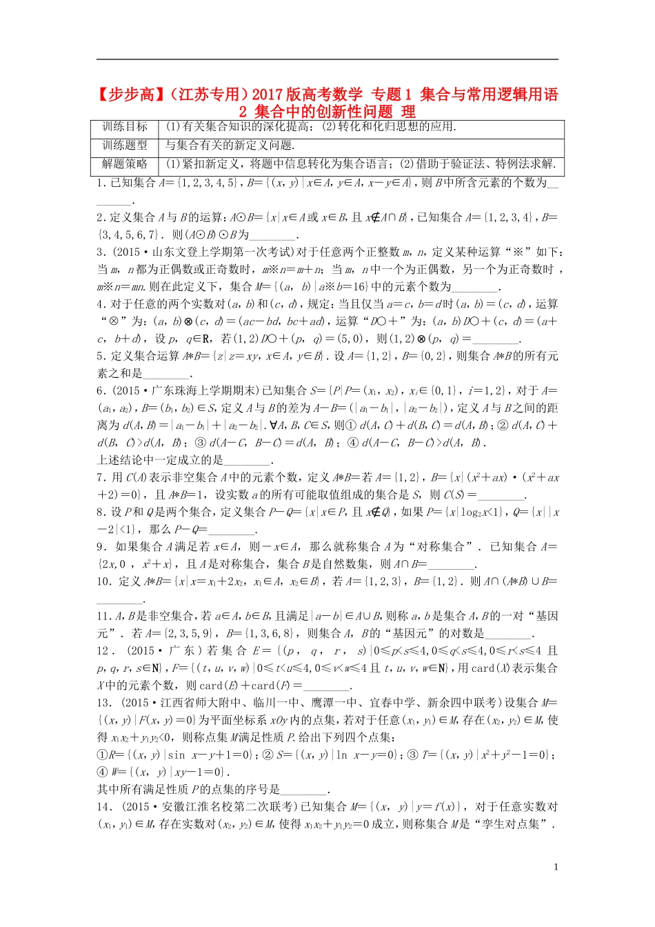 （江苏专用）高考数学 专题1 集合与常用逻辑用语 2 集合中的创新性问题 理-人教版高三全册数学试题_第1页