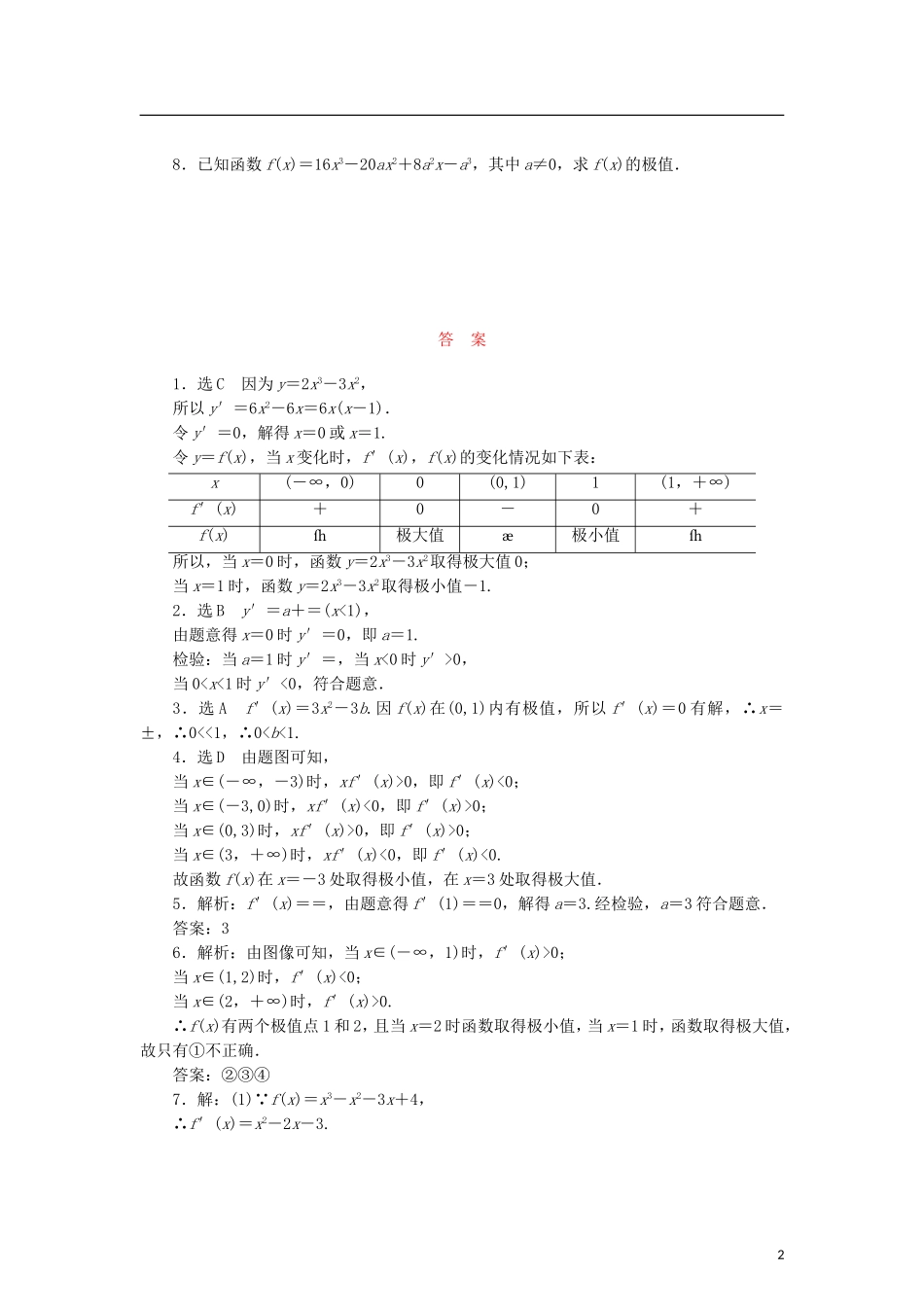 高中数学 课时跟踪训练（十一）函数的极值 北师大版选修2-2-北师大版高二选修2-2数学试题_第2页