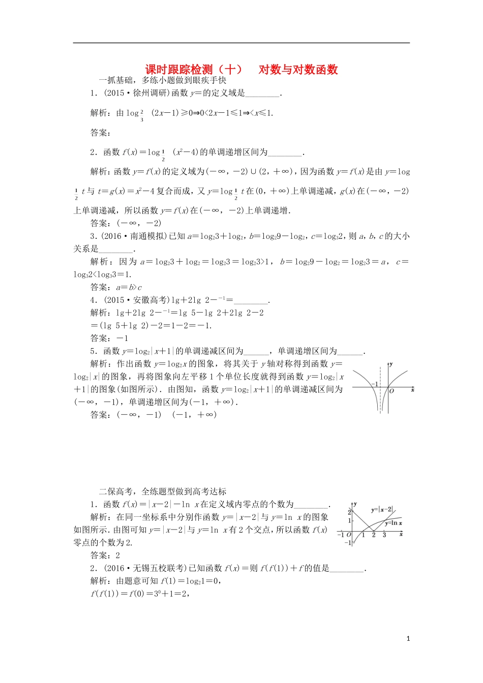 （江苏专用）高三数学一轮总复习 第二章 函数与基本初等函数Ⅰ 第七节 对数与对数函数课时跟踪检测 文-人教版高三全册数学试题_第1页