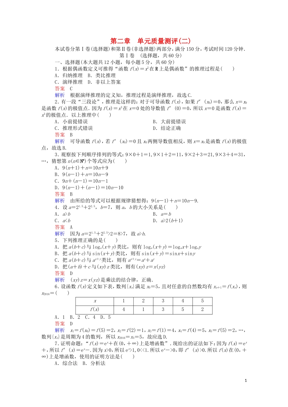 高中数学 第二章 单元质量测评（二）（含解析）新人教A版选修1-2-新人教A版高二选修1-2数学试题_第1页