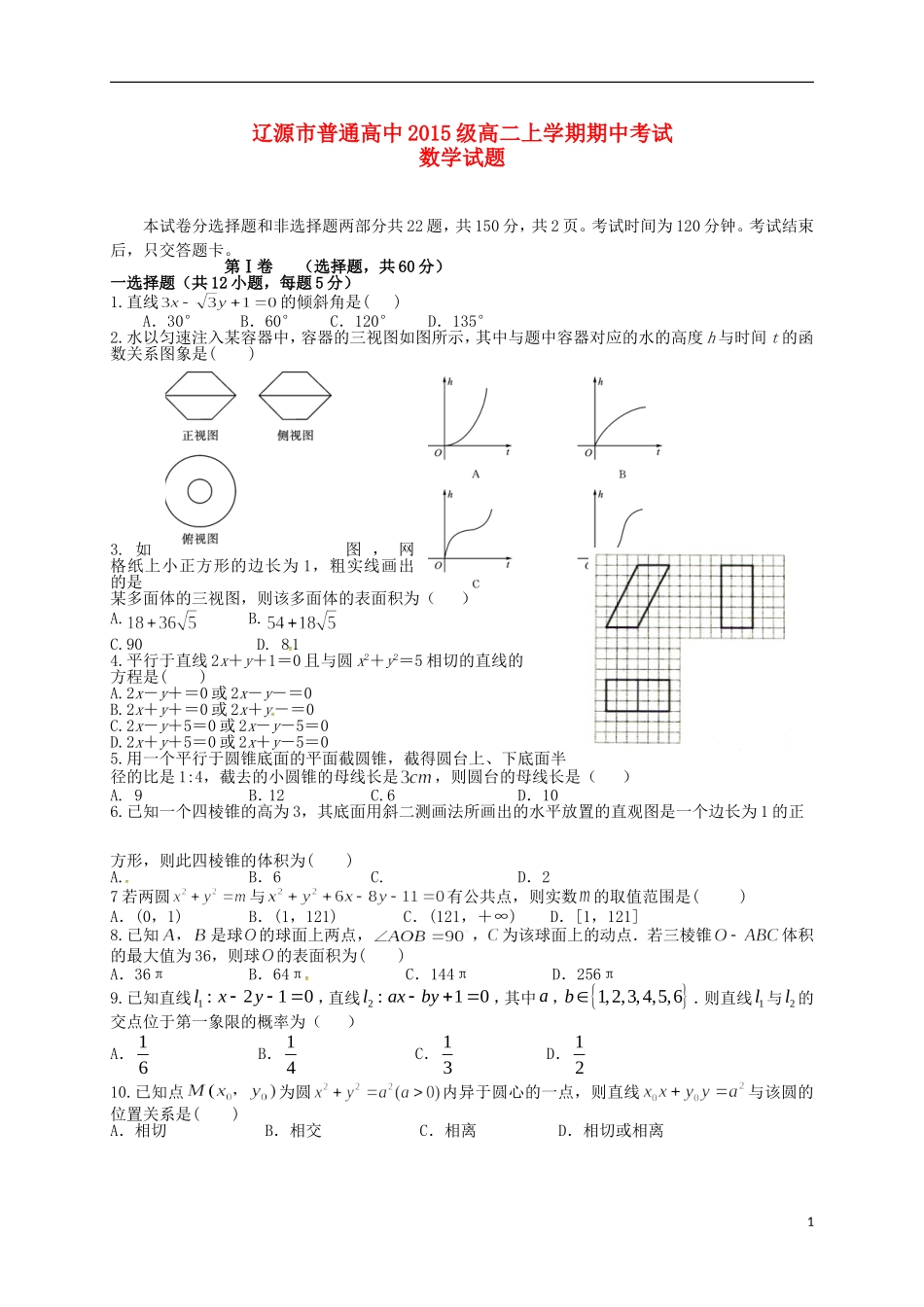 高中高二数学上学期期中试题-人教版高二全册数学试题_第1页
