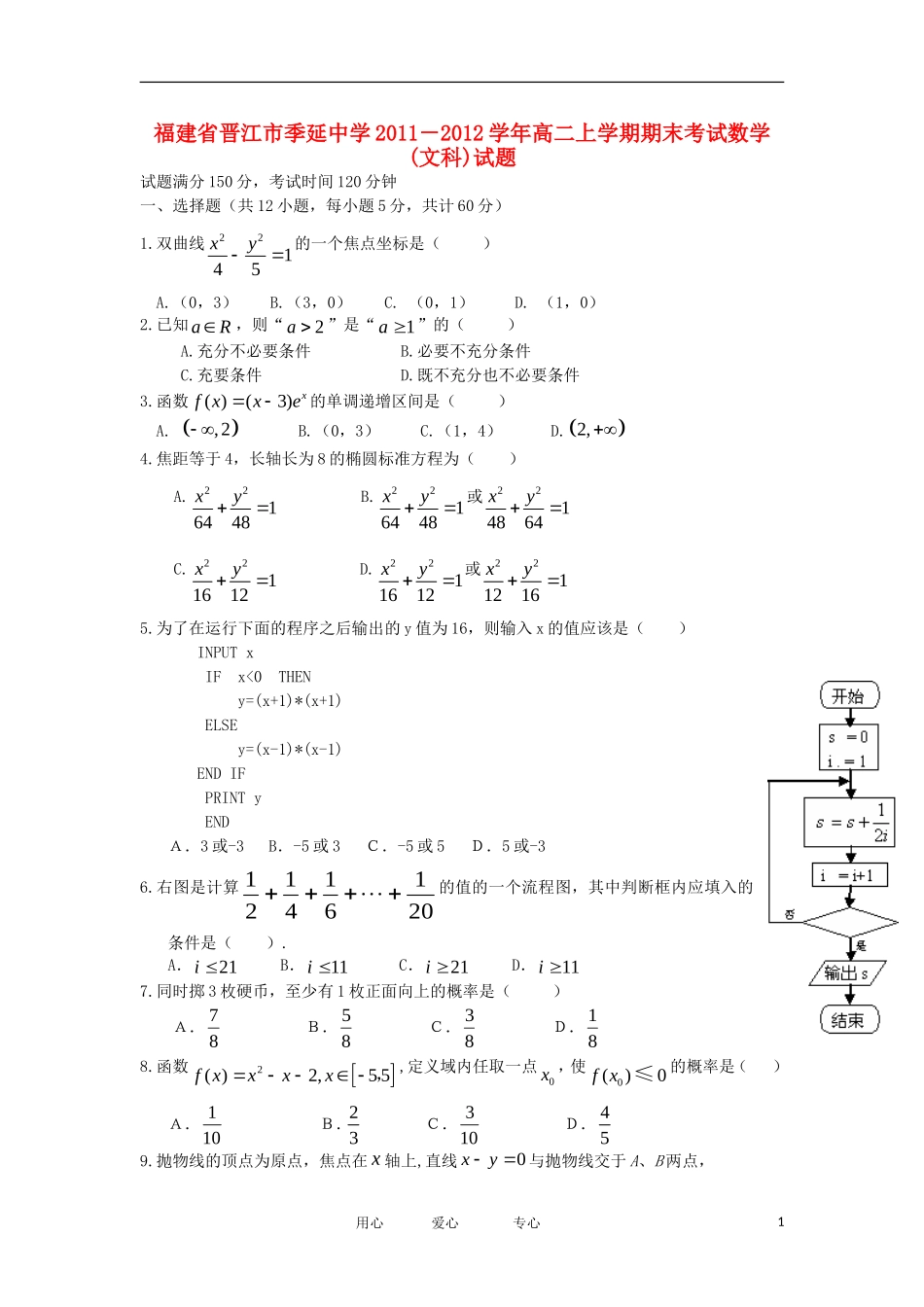福建省晋江市季延中学11-12学年高二数学上学期期末考试试题 文【会员独享】_第1页
