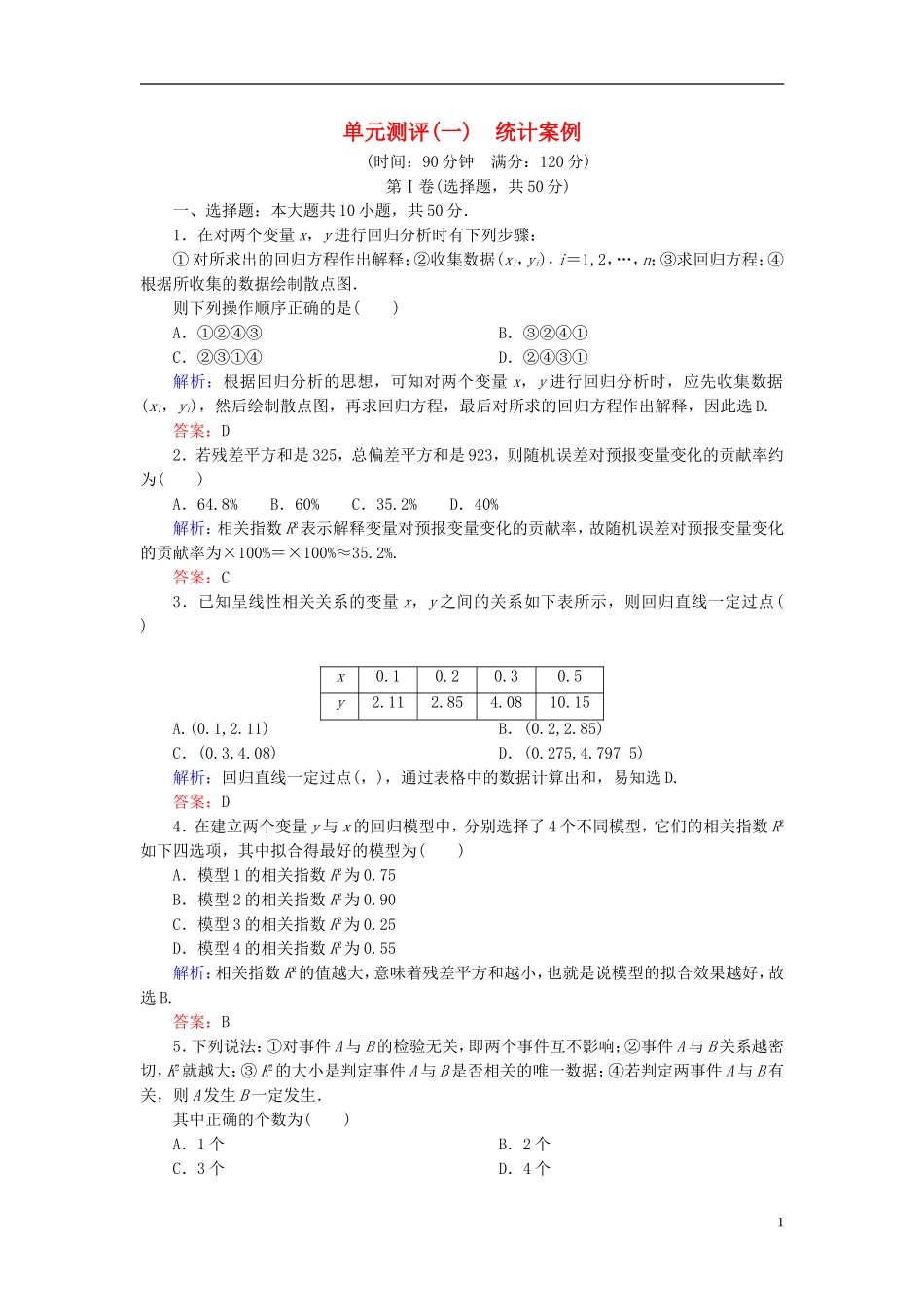 高中数学 第一章 统计案例单元测评（含解析）新人教A版选修1-2-新人教A版高二选修1-2数学试题_第1页