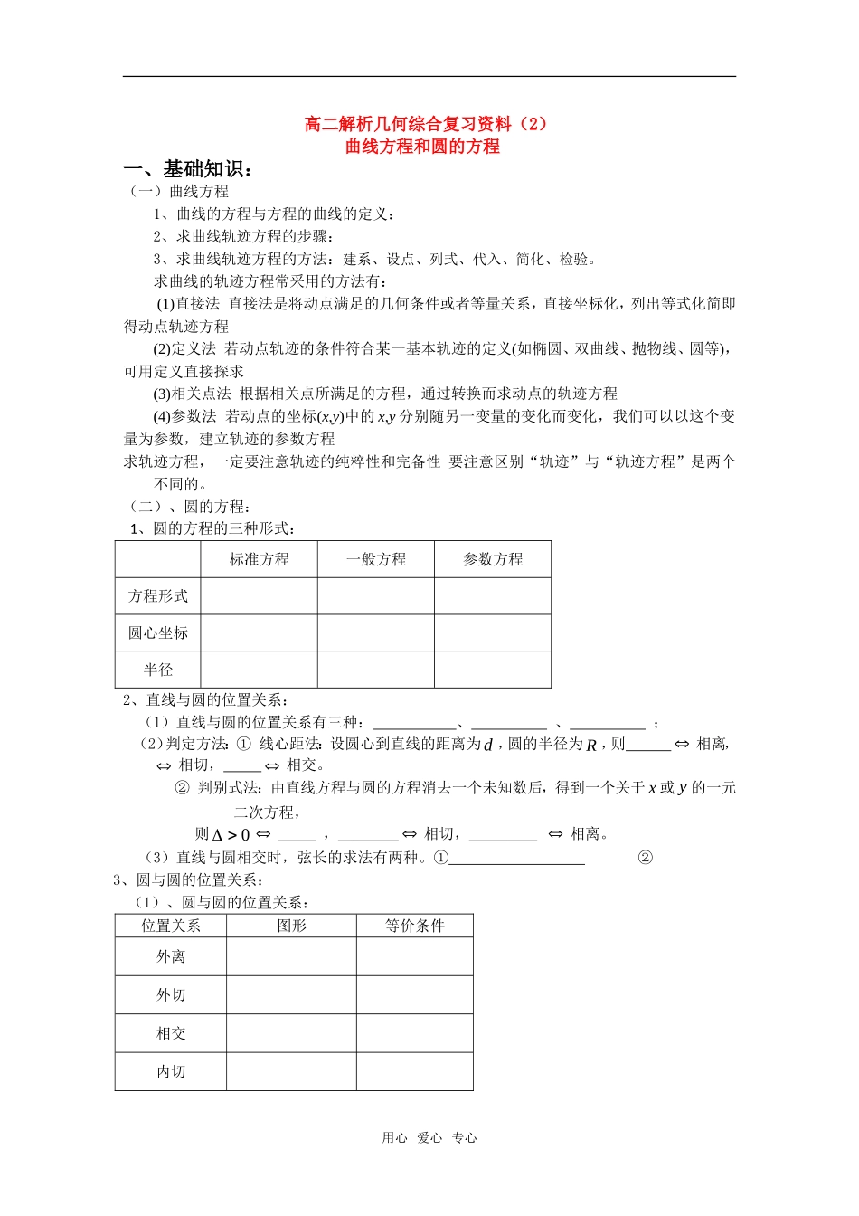 高二数学解析几何综合复习资料：曲线方程和圆的方程旧人教版_第1页