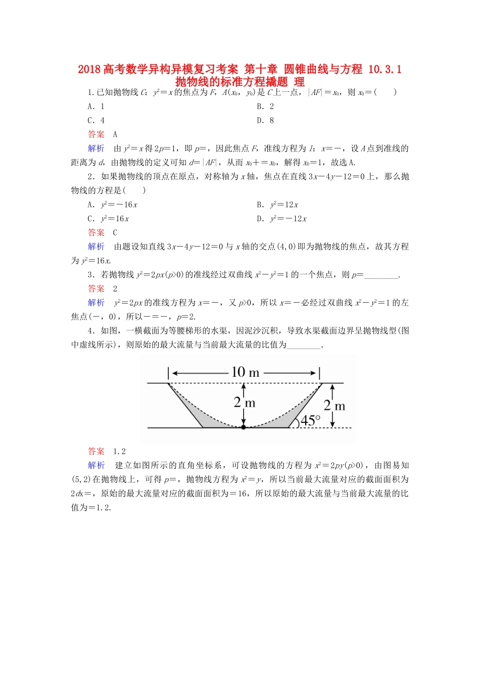高考数学异构异模复习 第十章 圆锥曲线与方程 10.3.1 抛物线的标准方程撬题 理-人教版高三全册数学试题_第1页