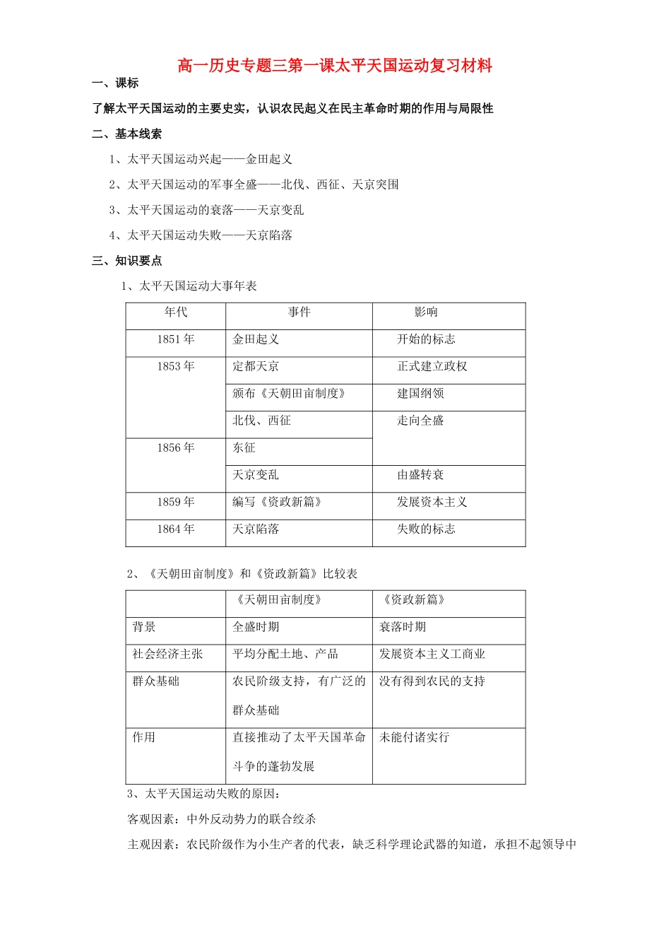 高一历史专题三第一课太平天国运动复习材料 人民版 必修1_第1页