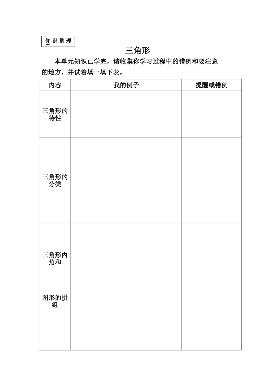 人教2011版小学数学四年级《三角形》知识整理前置性作业_第1页