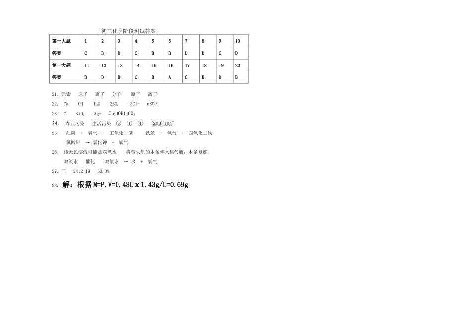 初三年级化学第一学期阶段考试试题(有答案)_第3页