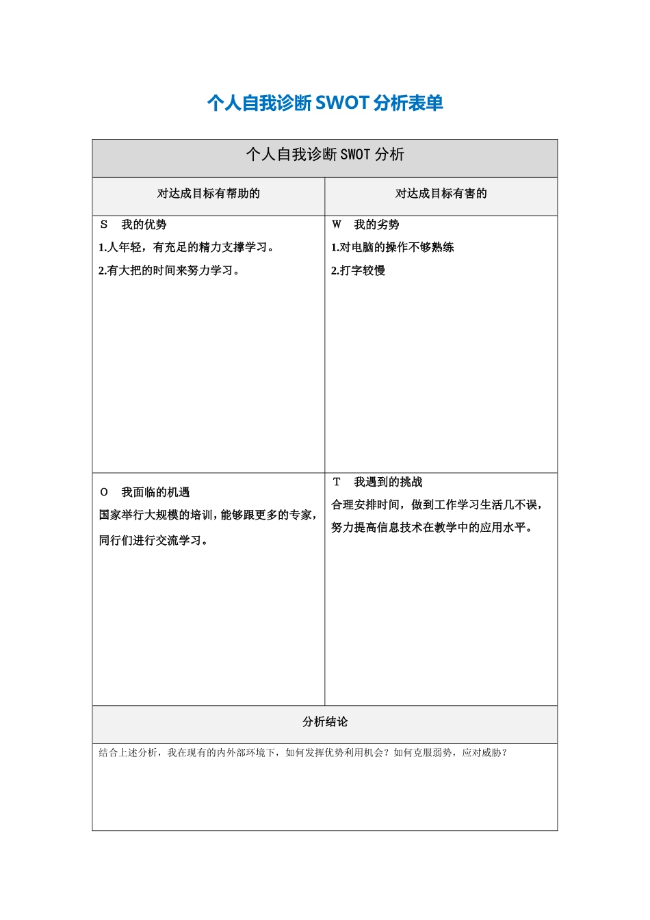 第一步骤所需文档：个人自我诊断SWOT分析表魏智慧_第1页