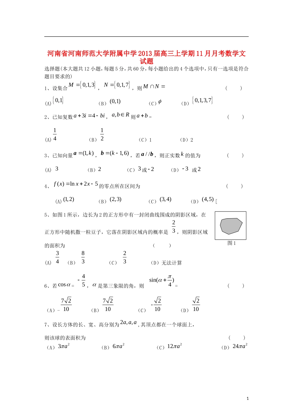 河南省河大附中2013届高三数学11月月考试题-文-新人教A版_第1页