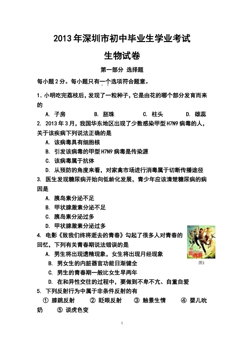 2013年广东省深圳市中考生物真题及答案_第1页