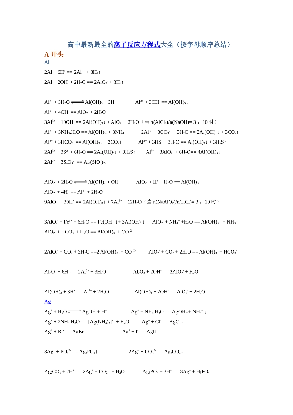 高中最新最全的离子反应方程式大全(按字母顺序总结)_第1页