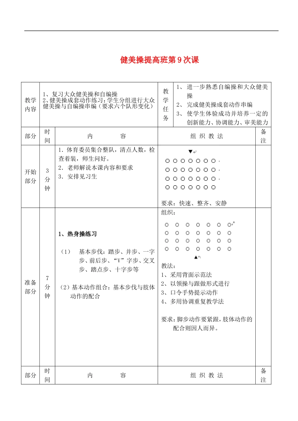 初中体育-健美操提高班第9次课教案_第1页