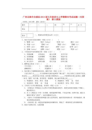 广西北海市合浦县2013届九年级语文上学期期末考试试题(无答案)-新人教版