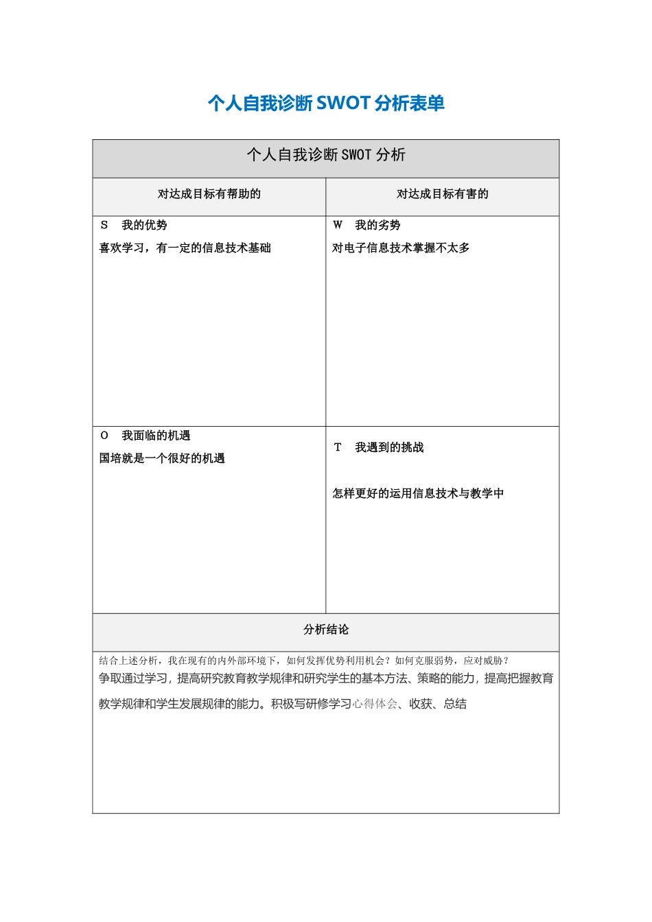 第一步骤所需文档：个人自我诊断SWOT分析表(1)_第1页