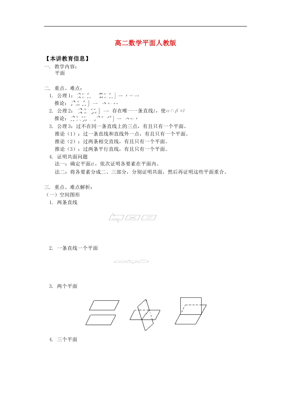 高二数学平面人教版知识精讲_第1页