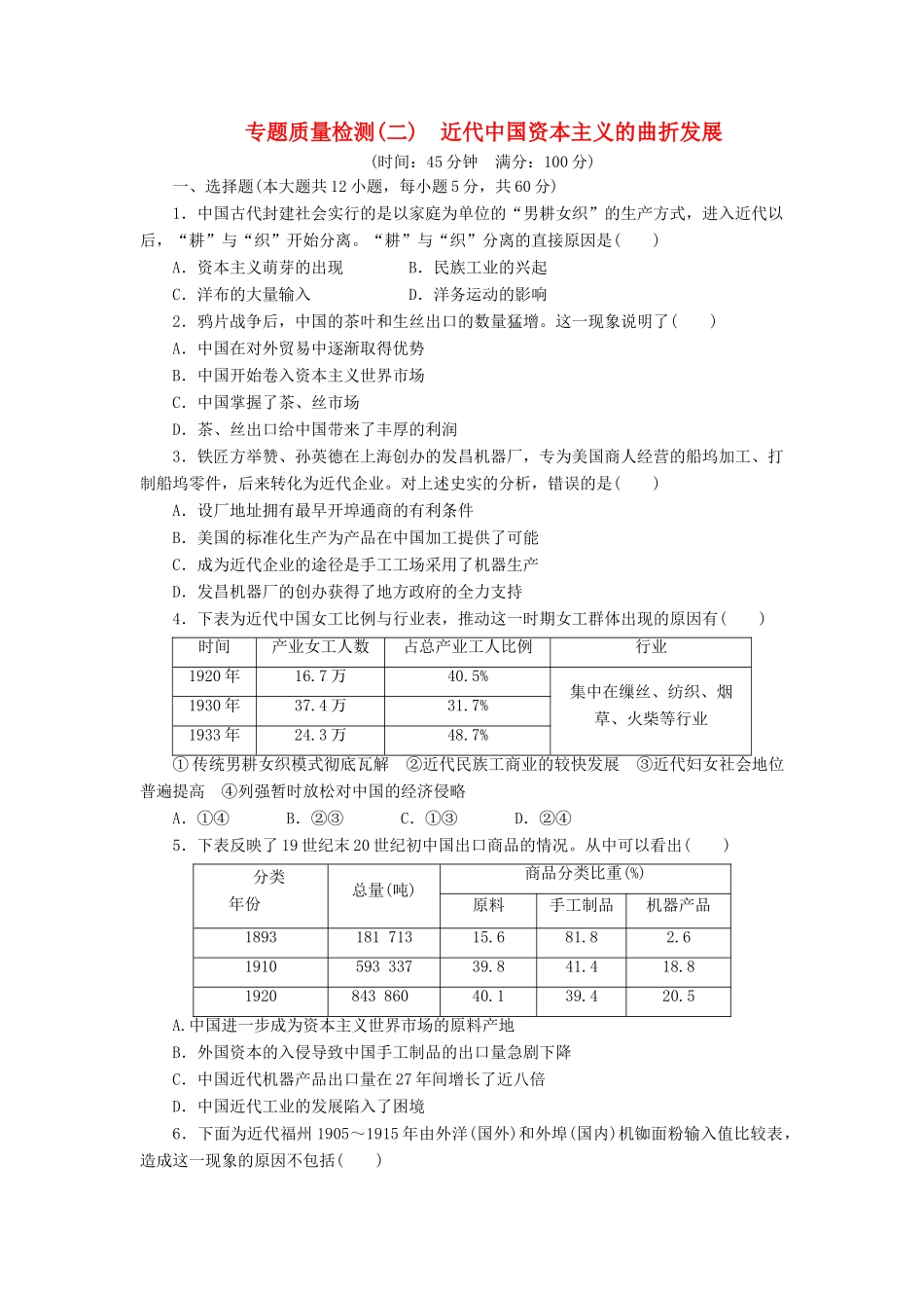 高中历史 专题质量检测（二）近代中国资本主义的曲折发展（含解析）人民版必修2-人民版高一必修2历史试题_第1页