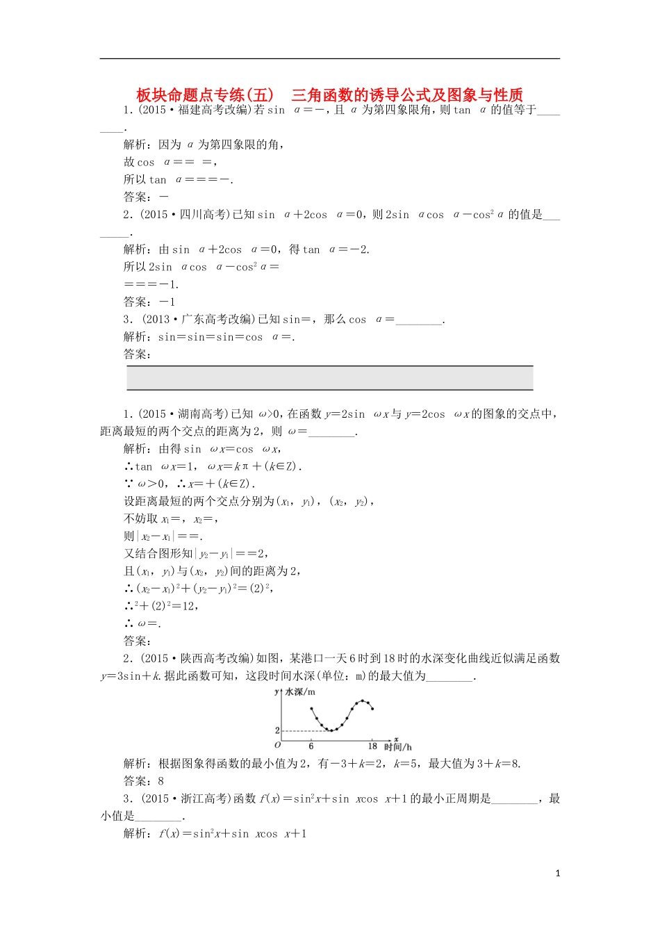 （江苏专用）高三数学一轮总复习 板块命题点专练（五）三角函数的诱导公式及图象与性质 理-人教版高三全册数学试题_第1页