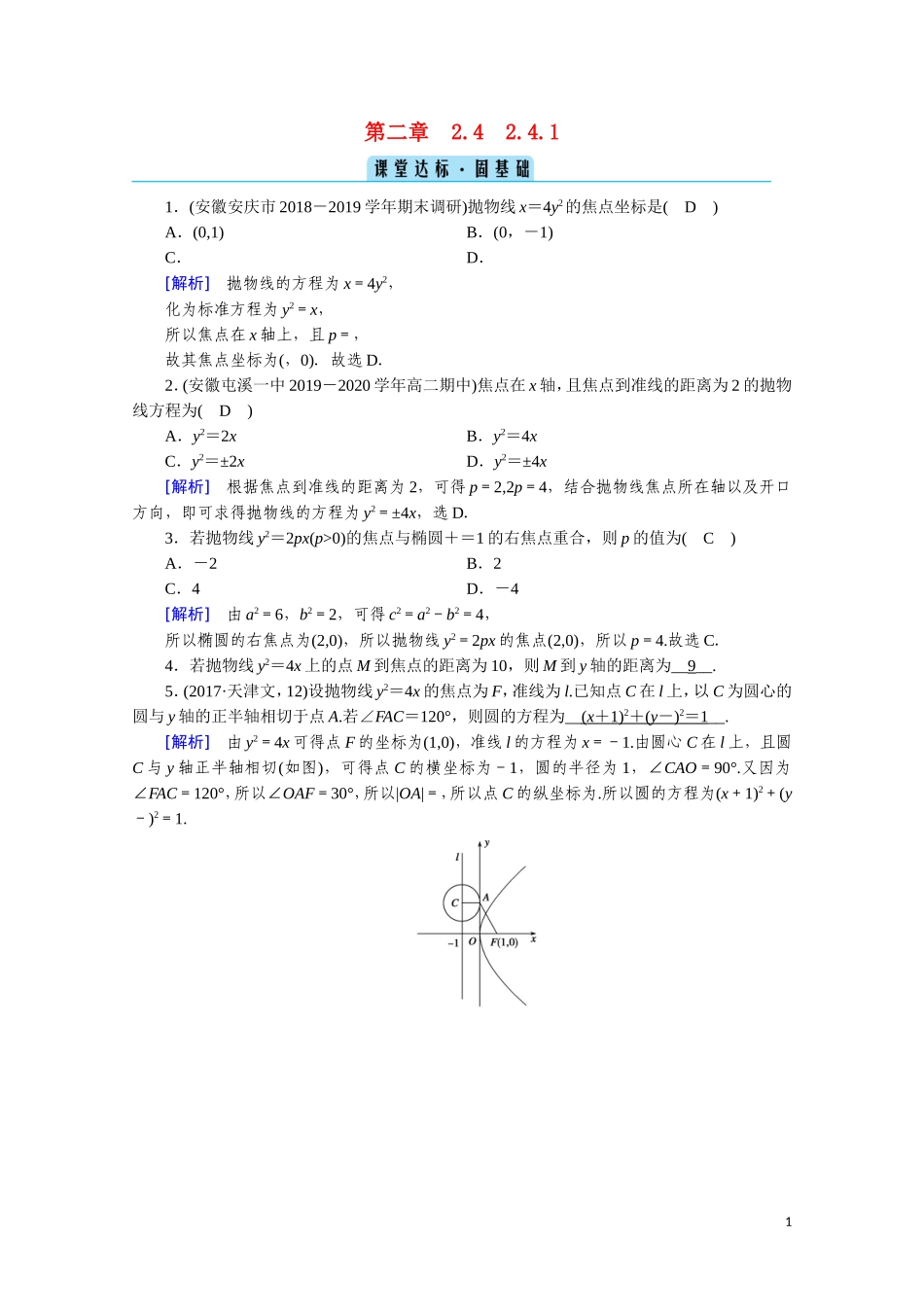 高中数学 第二章 圆锥曲线与方程 2.4.1 抛物线及其标准方程课堂达标（含解析）新人教A版选修2-1-新人教A版高二选修2-1数学试题_第1页