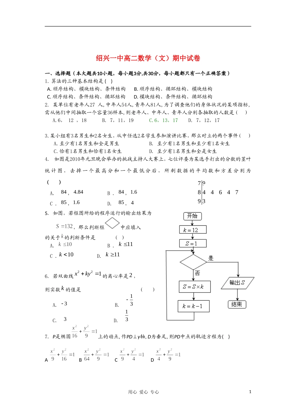 浙江省绍兴一中10-11学年高二数学上学期期中试题 文 新人教A版【会员独享】_第1页