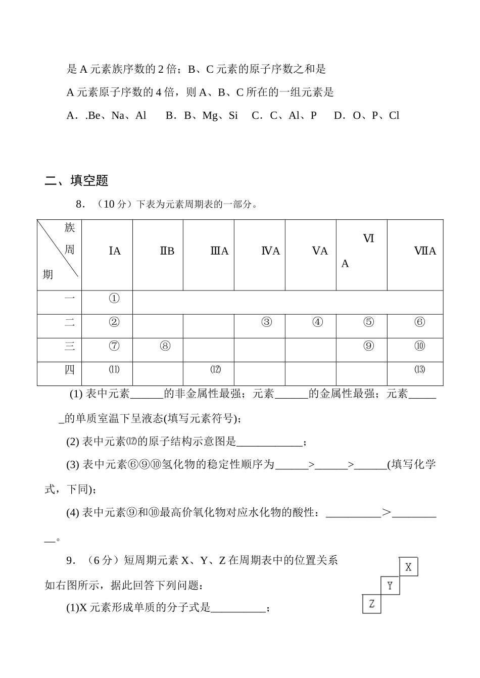 高一化学必修2 元素周期表及其应用练习题（一）_第2页