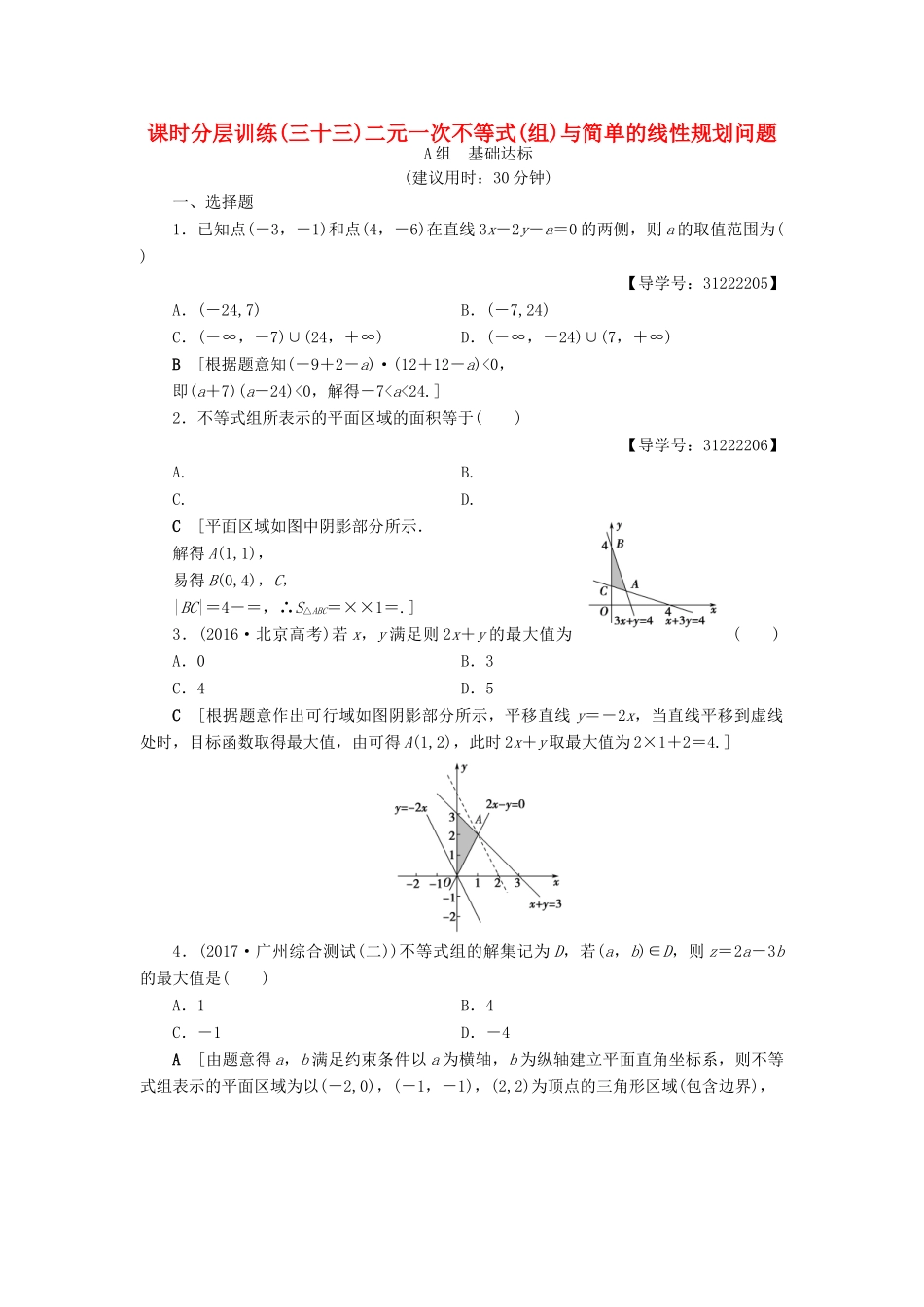（全国通用）高考数学一轮复习 第6章 不等式、推理与证明 第2节 二元一次不等式(组)与简单的线性规划问题课时分层训练 文 新人教A版-新人教A版高三全册数学试题_第1页