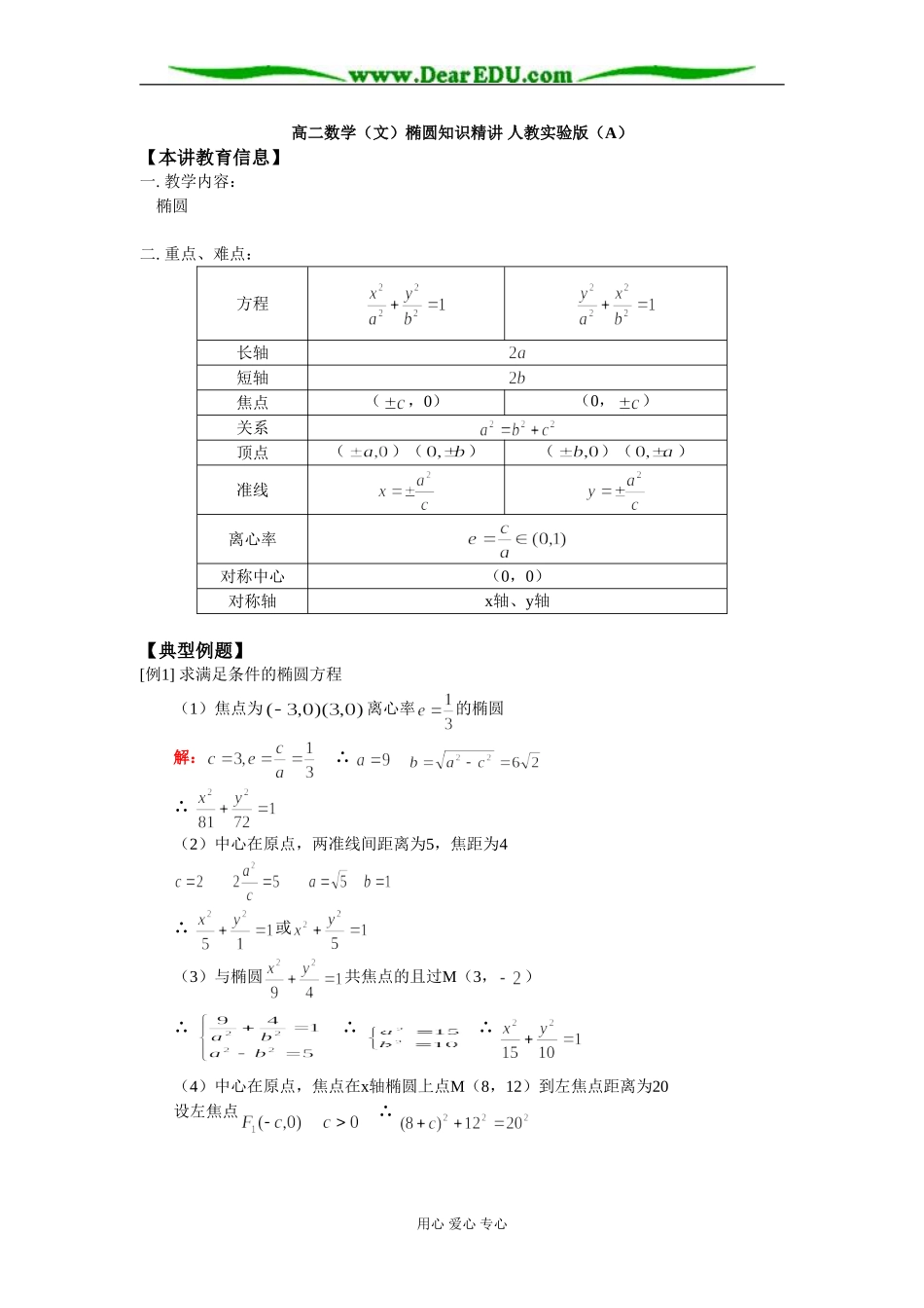 高二数学（文）椭圆知识精讲 人教实验版（A）_第1页